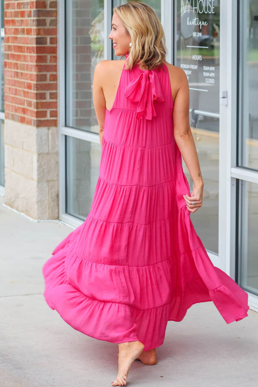 Rose Red High Frilled Neck Tiered Sleeveless Maxi Dress