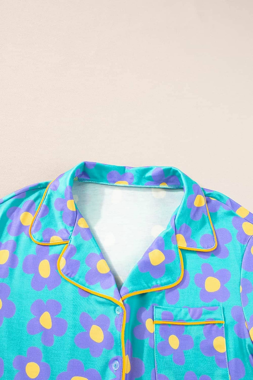 Green Flower Print Short Sleeve Shirt Pajamas Set Green Flower Print Short Sleeve Shirt Pajamas Set