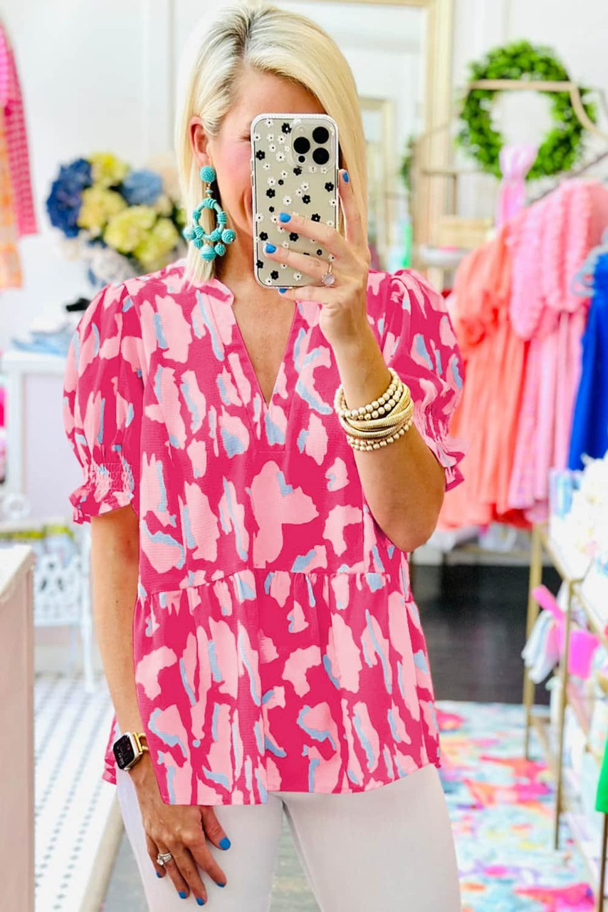 Rose Abstract Print Smocked Puff Sleeve V Neck Blouse Rose Abstract Print Smocked Puff Sleeve V Neck Blouse