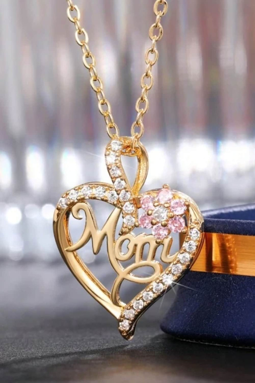 Gold Mom Rhinestone Flower Hollow-out Heart Necklace Gold Mom Rhinestone Flower Hollow-out Heart Necklace