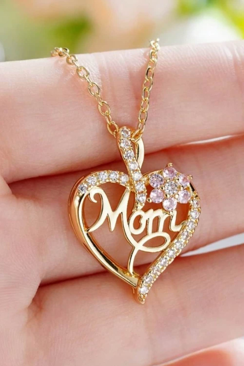 Gold Mom Rhinestone Flower Hollow-out Heart Necklace Gold Mom Rhinestone Flower Hollow-out Heart Necklace