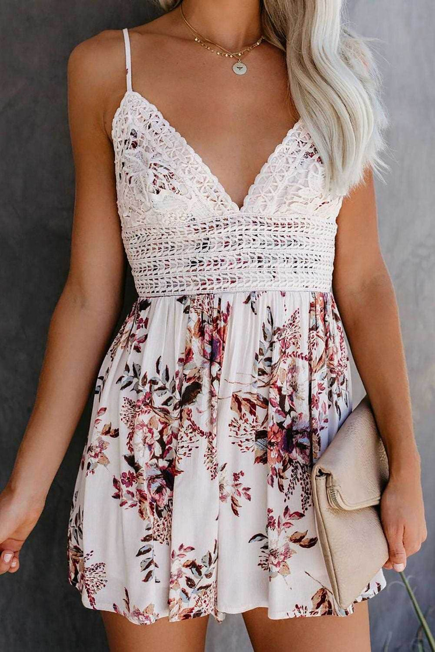 Blue Deep V Spaghetti Straps Lace Floral Romper