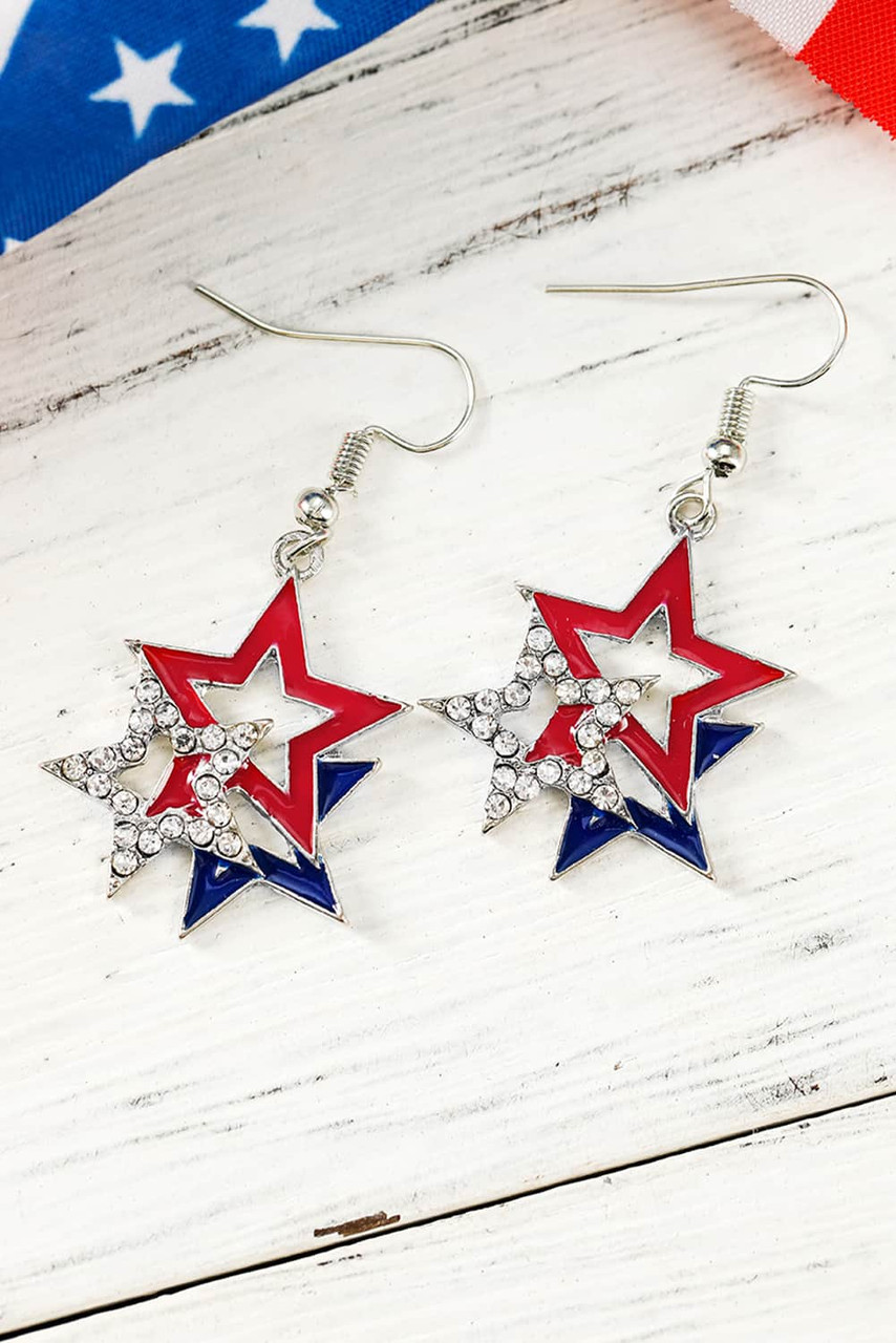 Fiery Red American Flag Rhinestone Star Dangle Earrings