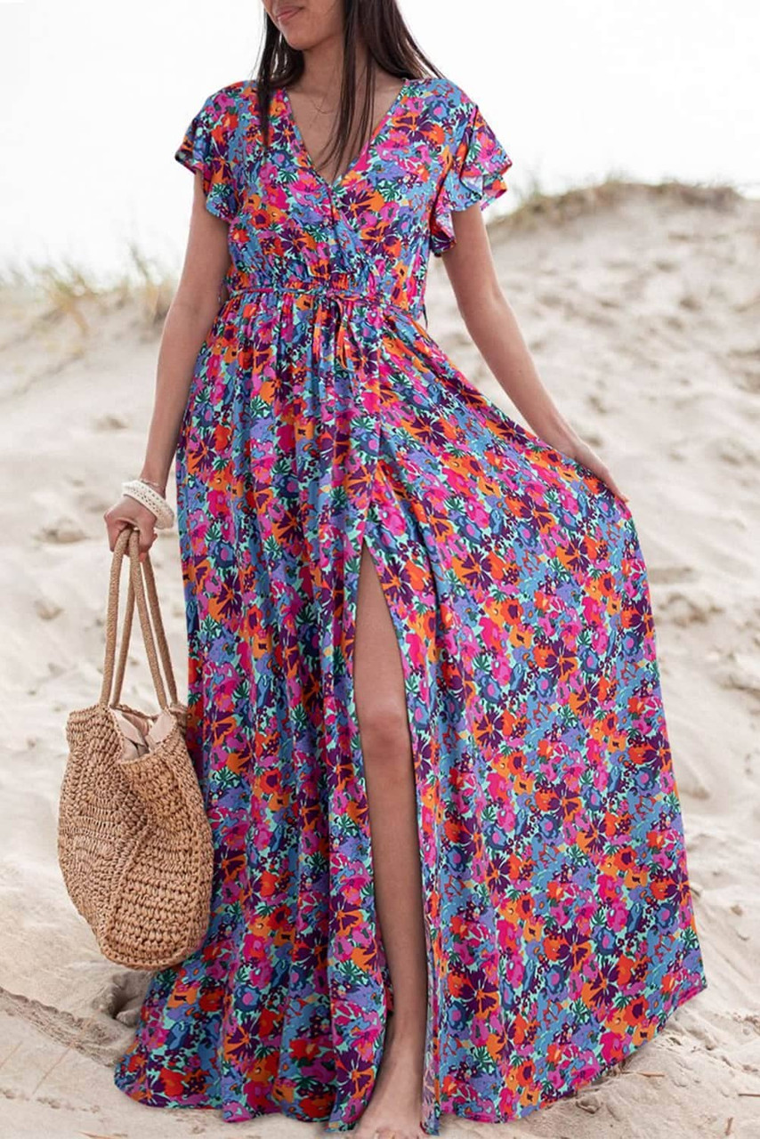 Blue Floral Print V Neck Wrap Split Maxi Dress Blue Floral Print V Neck Wrap Split Maxi Dress