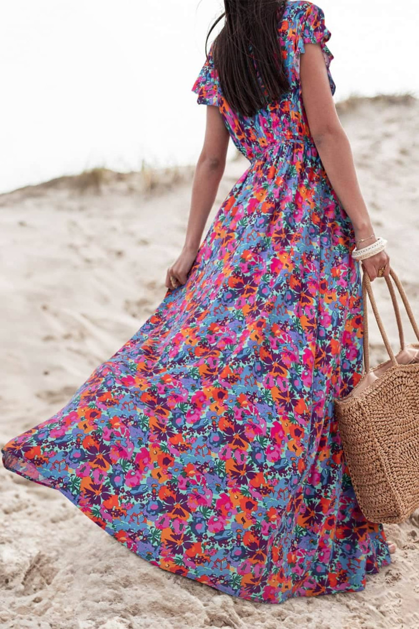 Blue Floral Print V Neck Wrap Split Maxi Dress Blue Floral Print V Neck Wrap Split Maxi Dress