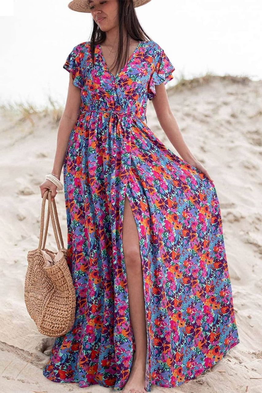 Blue Floral Print V Neck Wrap Split Maxi Dress Blue Floral Print V Neck Wrap Split Maxi Dress