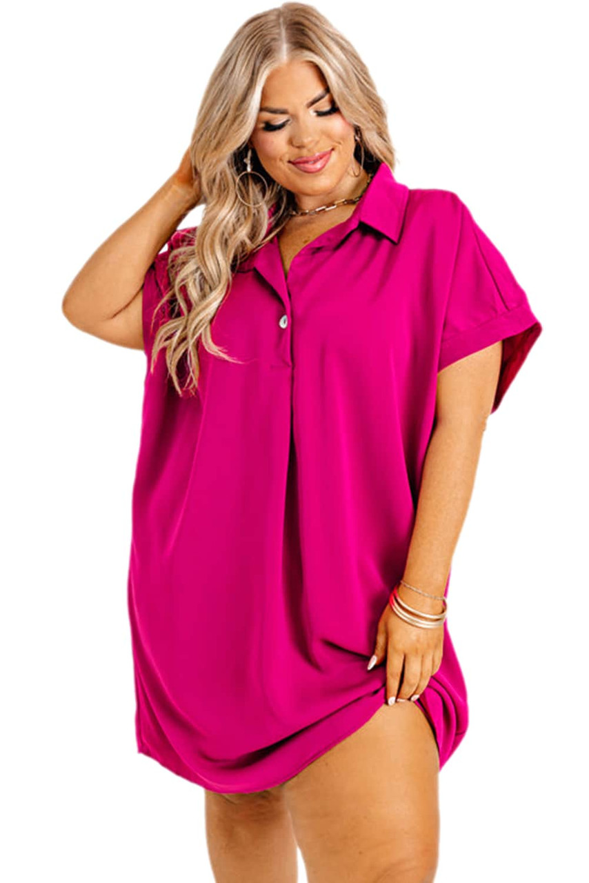 Bright Pink Collared V Neck Short Sleeve Shift Plus Size Dress