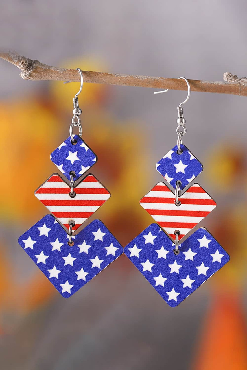 Dark Blue Geometric Wooden Star Stripe Flag Dangle Earrings Dark Blue Geometric Wooden Star Stripe Flag Dangle Earrings
