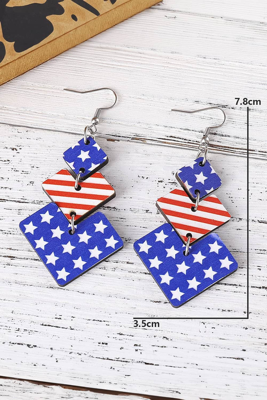 Dark Blue Geometric Wooden Star Stripe Flag Dangle Earrings Dark Blue Geometric Wooden Star Stripe Flag Dangle Earrings