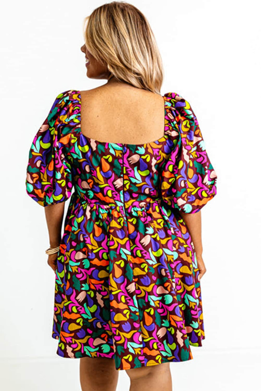 Purple Plus Size Printed Puff Sleeve Short Flare Dress