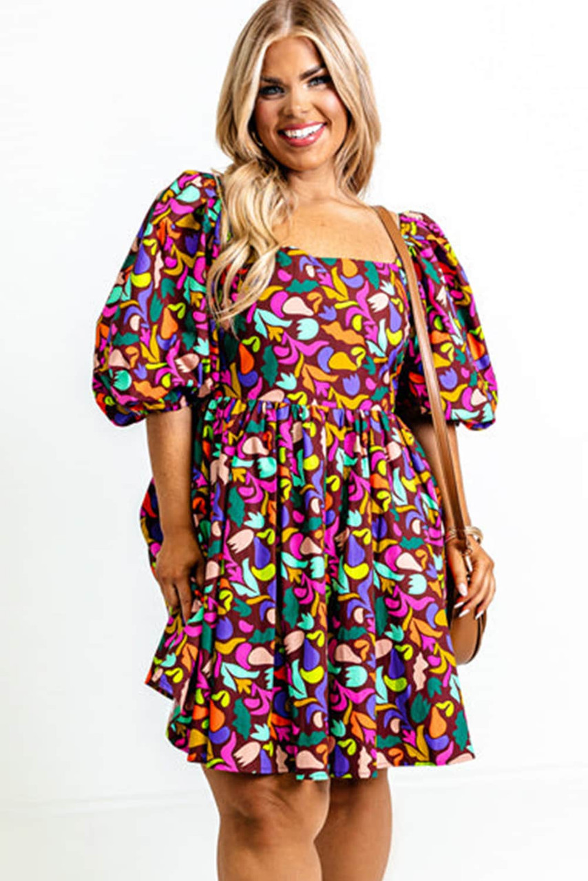 Purple Plus Size Printed Puff Sleeve Short Flare Dress