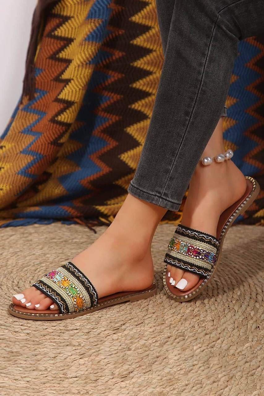 Chestnut Bohemian Pattern Crochet Faux Leather Beach Slippers Chestnut Bohemian Pattern Crochet Faux Leather Beach Slippers