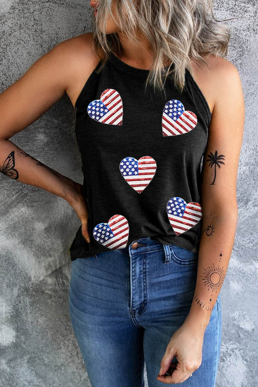 Black Sequin American Flag Heart Graphic Tank Top