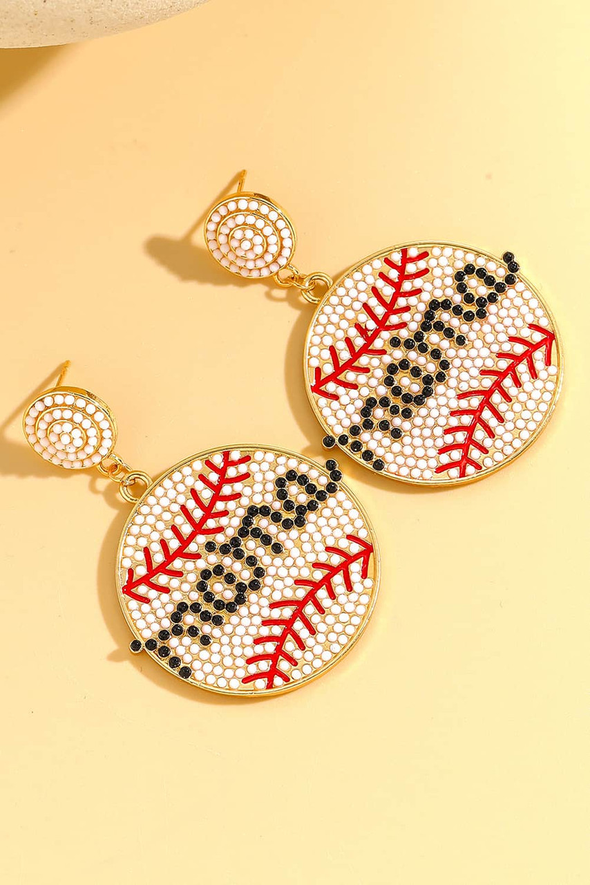 White Crystal mama Beaded Baseball Shape Earrings