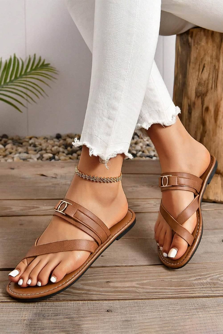 Chestnut Cross Toe Metal Buckle Leathered Flat Slippers Chestnut Cross Toe Metal Buckle Leathered Flat Slippers