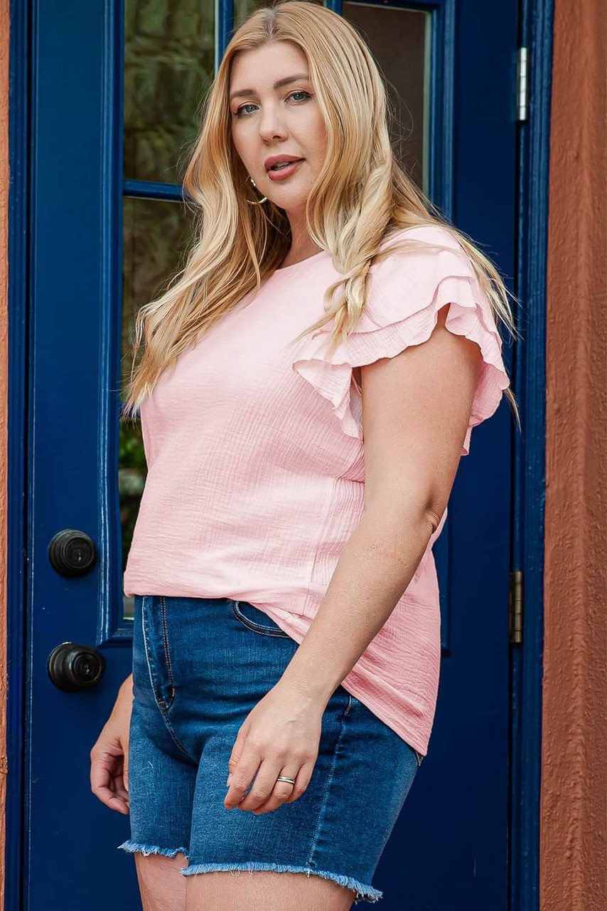 Light Pink Plus Size Crinkle Textured Ruffle Sleeve Top Light Pink Plus Size Crinkle Textured Ruffle Sleeve Top