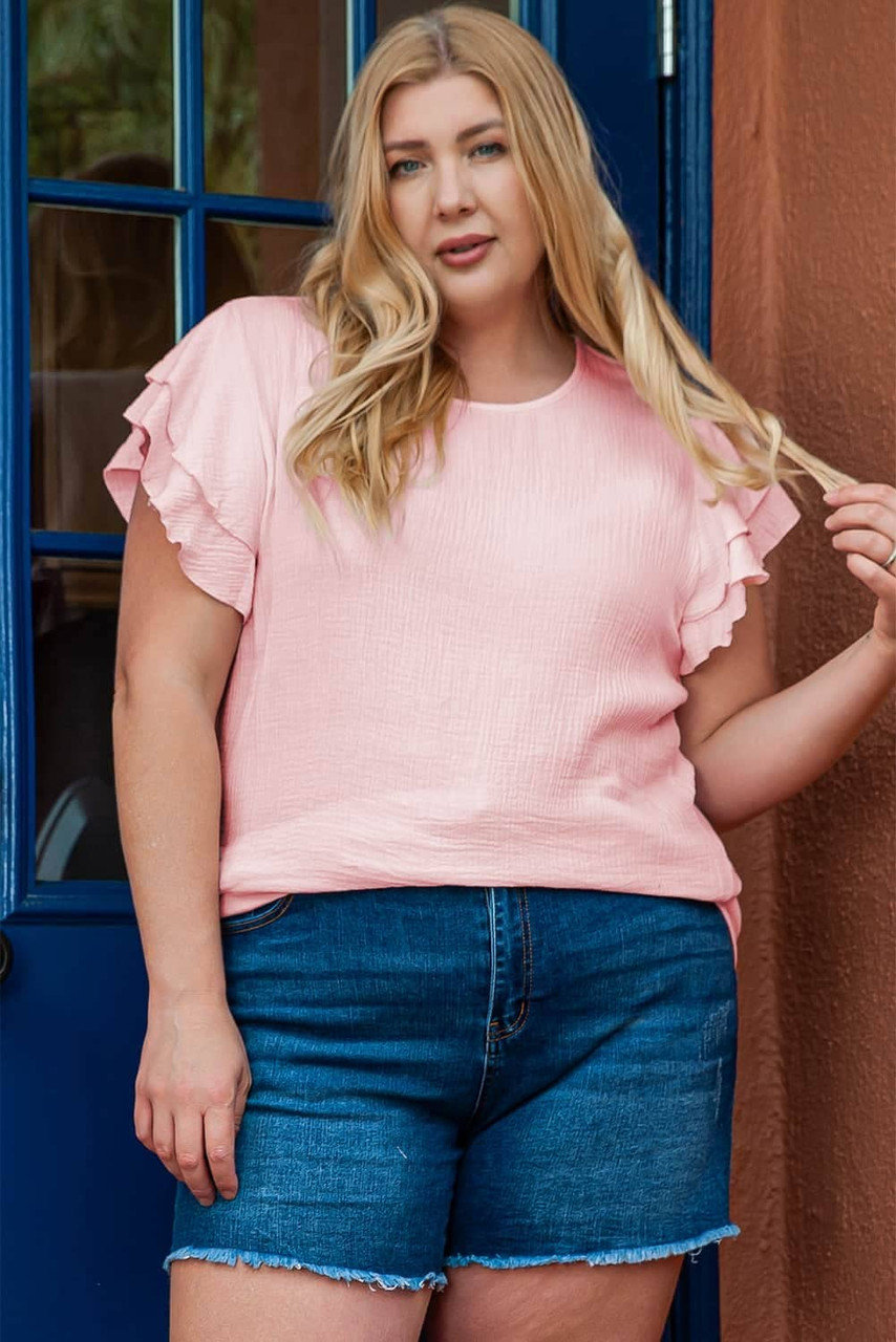 Light Pink Plus Size Crinkle Textured Ruffle Sleeve Top Light Pink Plus Size Crinkle Textured Ruffle Sleeve Top