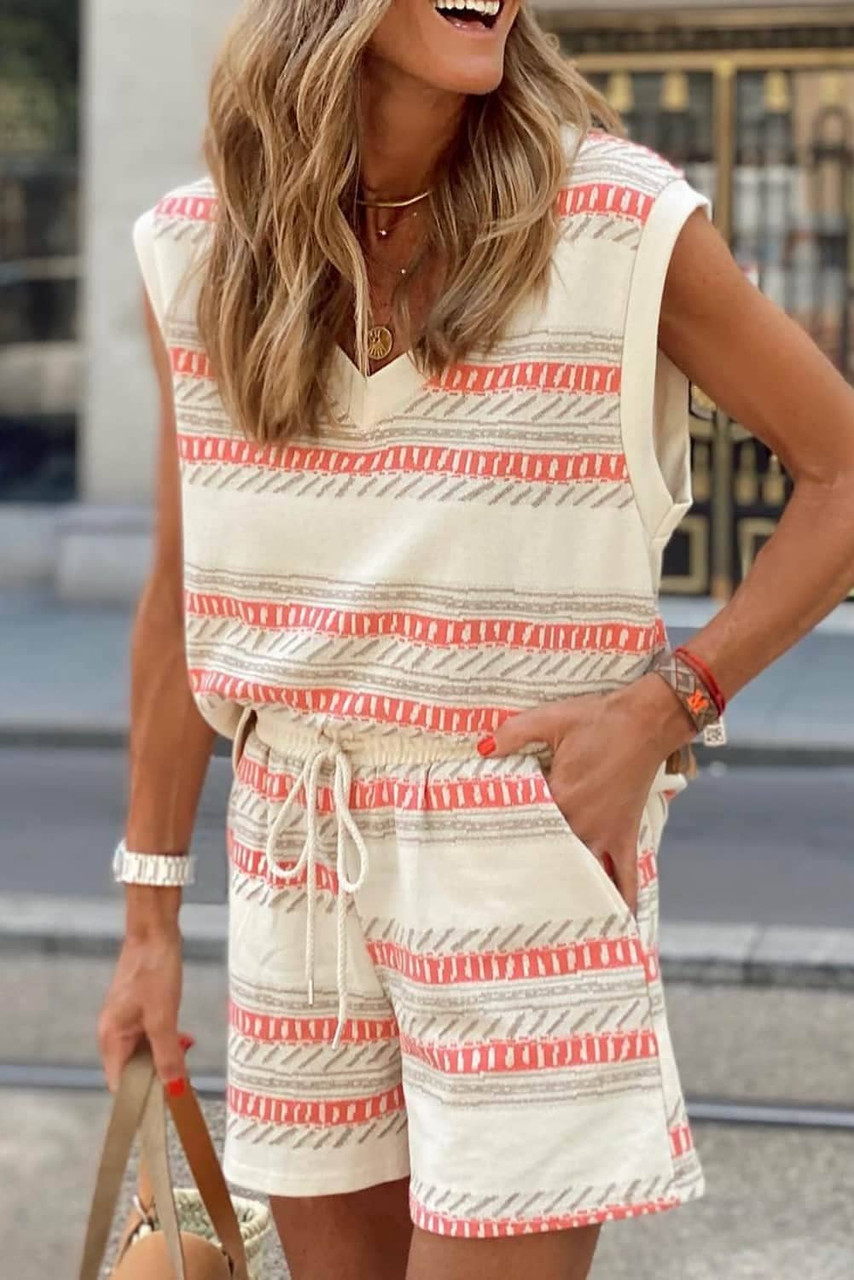 Beige Western Striped Print Casual Tank 2pcs Outfit Beige Western Striped Print Casual Tank 2pcs Outfit