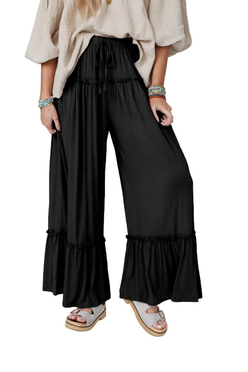 Black Frilled Drawstring High Waist Wide Leg Pants