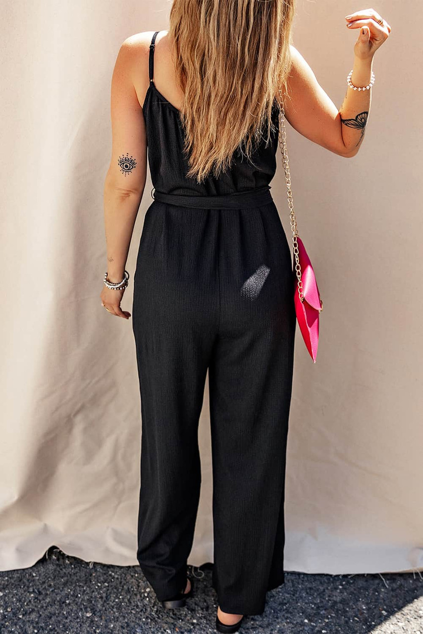 Black Textured Belted Wide Leg Sleeveless Jumpsuit