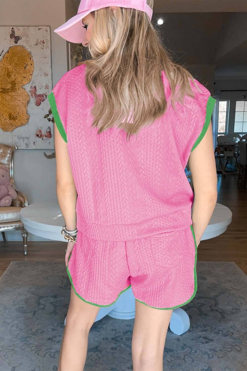 Pink Contrast Trim Cable Textured Shorts Set Pink Contrast Trim Cable Textured Shorts Set