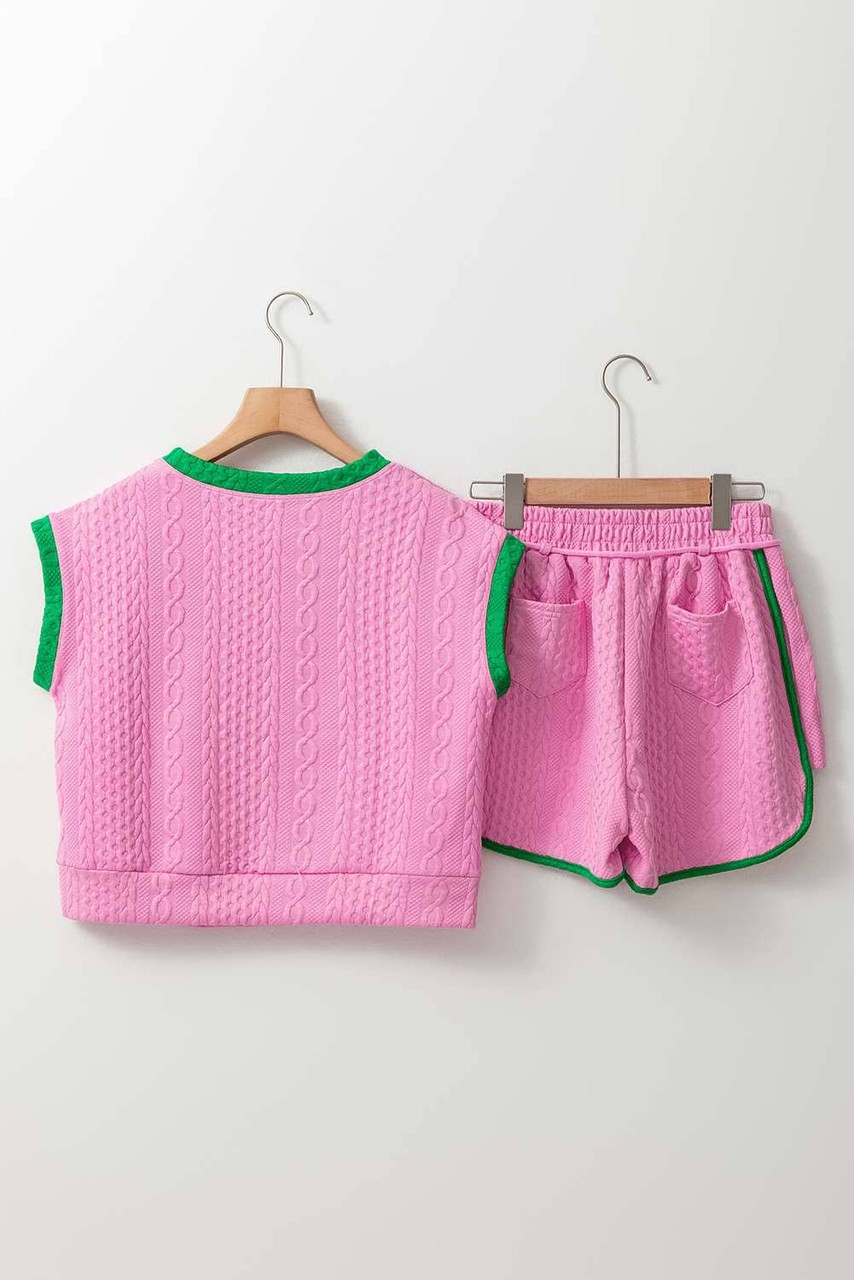 Pink Contrast Trim Cable Textured Shorts Set Pink Contrast Trim Cable Textured Shorts Set