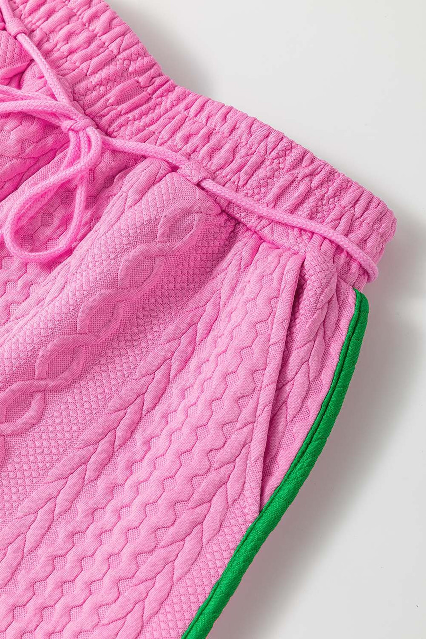 Pink Contrast Trim Cable Textured Shorts Set Pink Contrast Trim Cable Textured Shorts Set