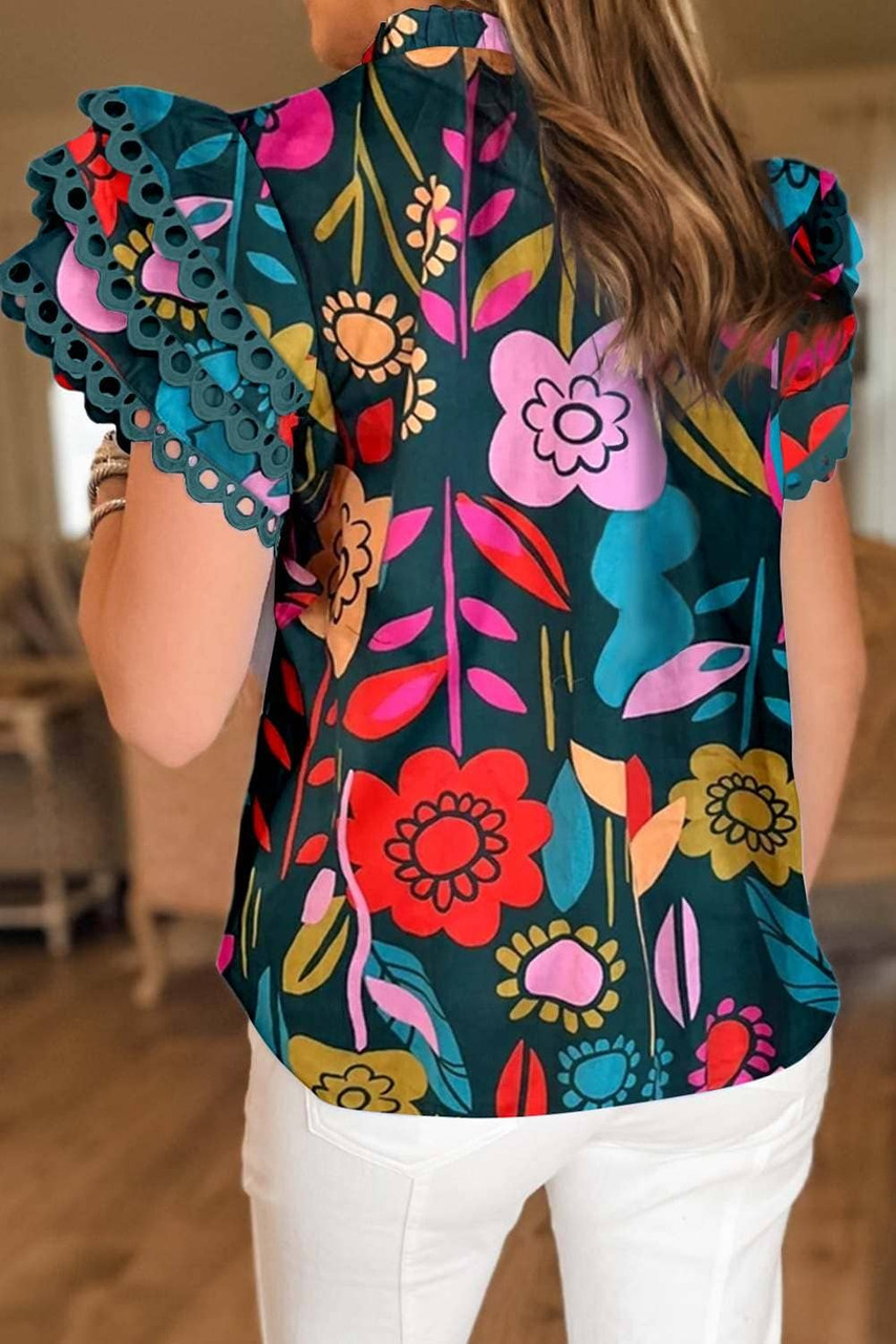 Green Trimmed Ruffle Sleeve Summer Floral Blouse Green Trimmed Ruffle Sleeve Summer Floral Blouse