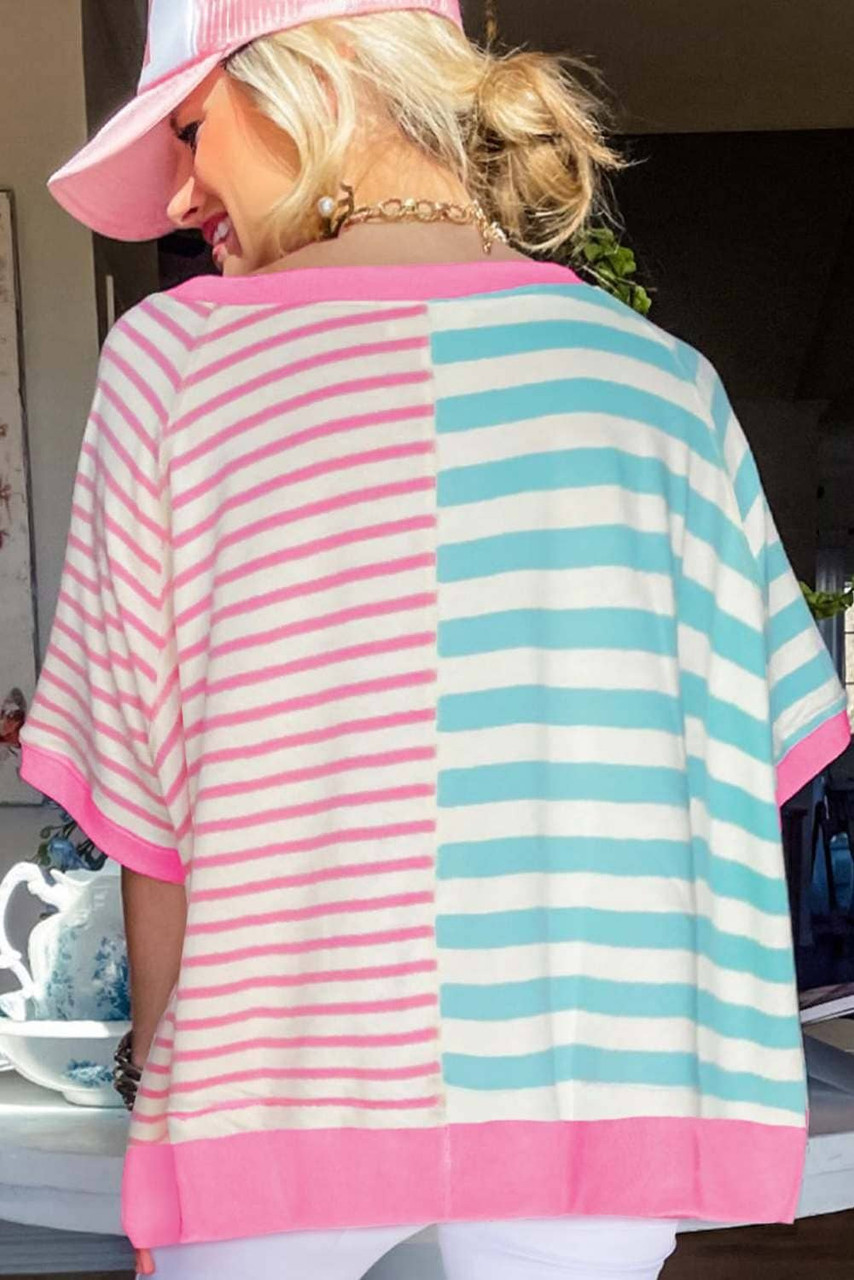 Pink Stripe Contrast Patchwork Oversized T Shirt Pink Stripe Contrast Patchwork Oversized T Shirt