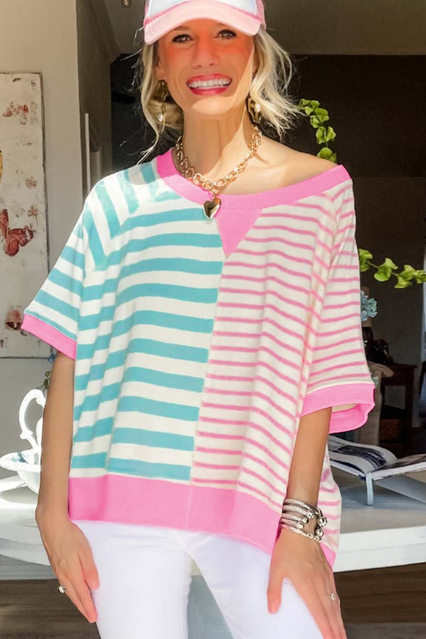 Pink Stripe Contrast Patchwork Oversized T Shirt Pink Stripe Contrast Patchwork Oversized T Shirt