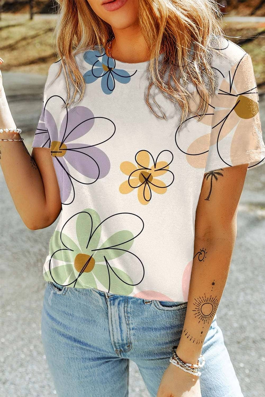 Beige Summer Flower Print Casual Round Neck T Shirt Beige Summer Flower Print Casual Round Neck T Shirt