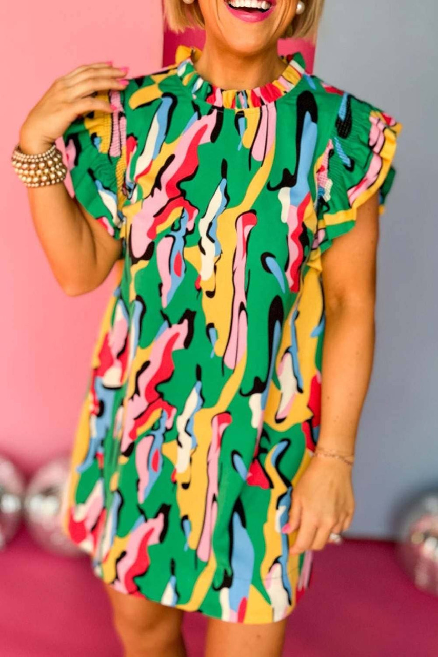 Green Abstract Print Frilled Neck Ruffled Sleeve Mini Dress Green Abstract Print Frilled Neck Ruffled Sleeve Mini Dress