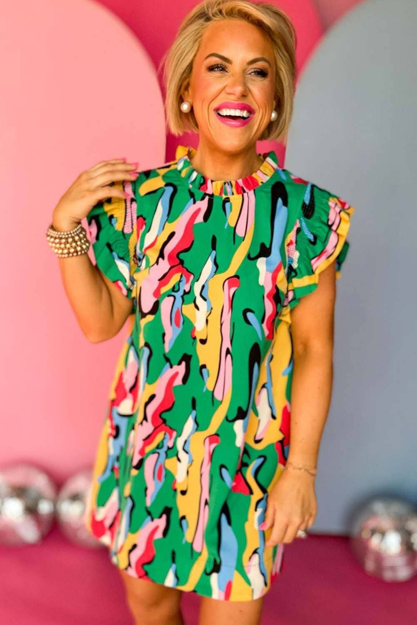 Green Abstract Print Frilled Neck Ruffled Sleeve Mini Dress Green Abstract Print Frilled Neck Ruffled Sleeve Mini Dress