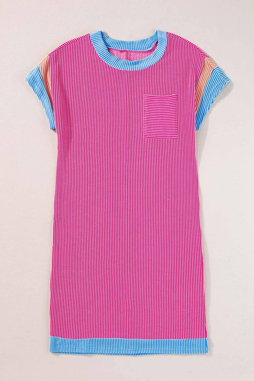 Rose Red Textured Colorblock Edge Patched Pocket T Shirt Dress