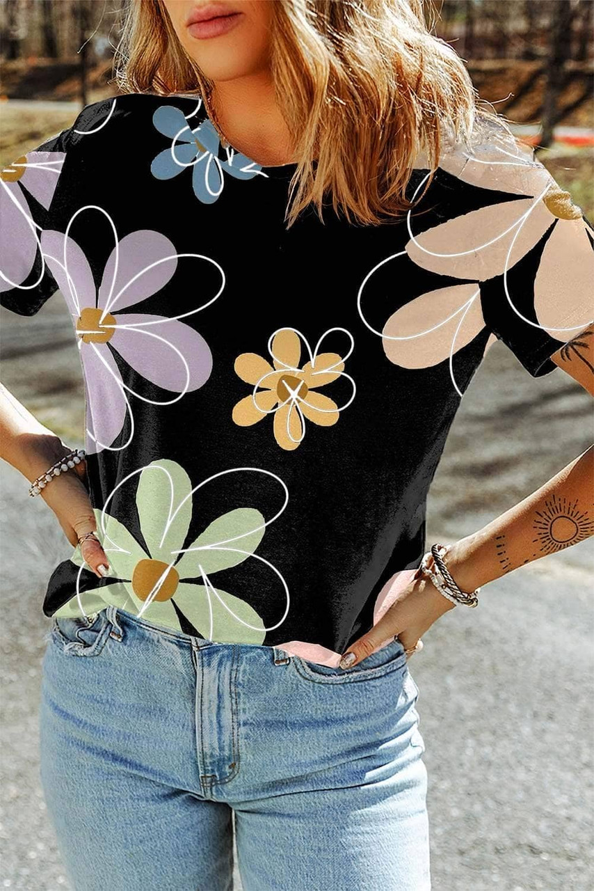Black Summer Flower Print Casual Round Neck T Shirt Black Summer Flower Print Casual Round Neck T Shirt