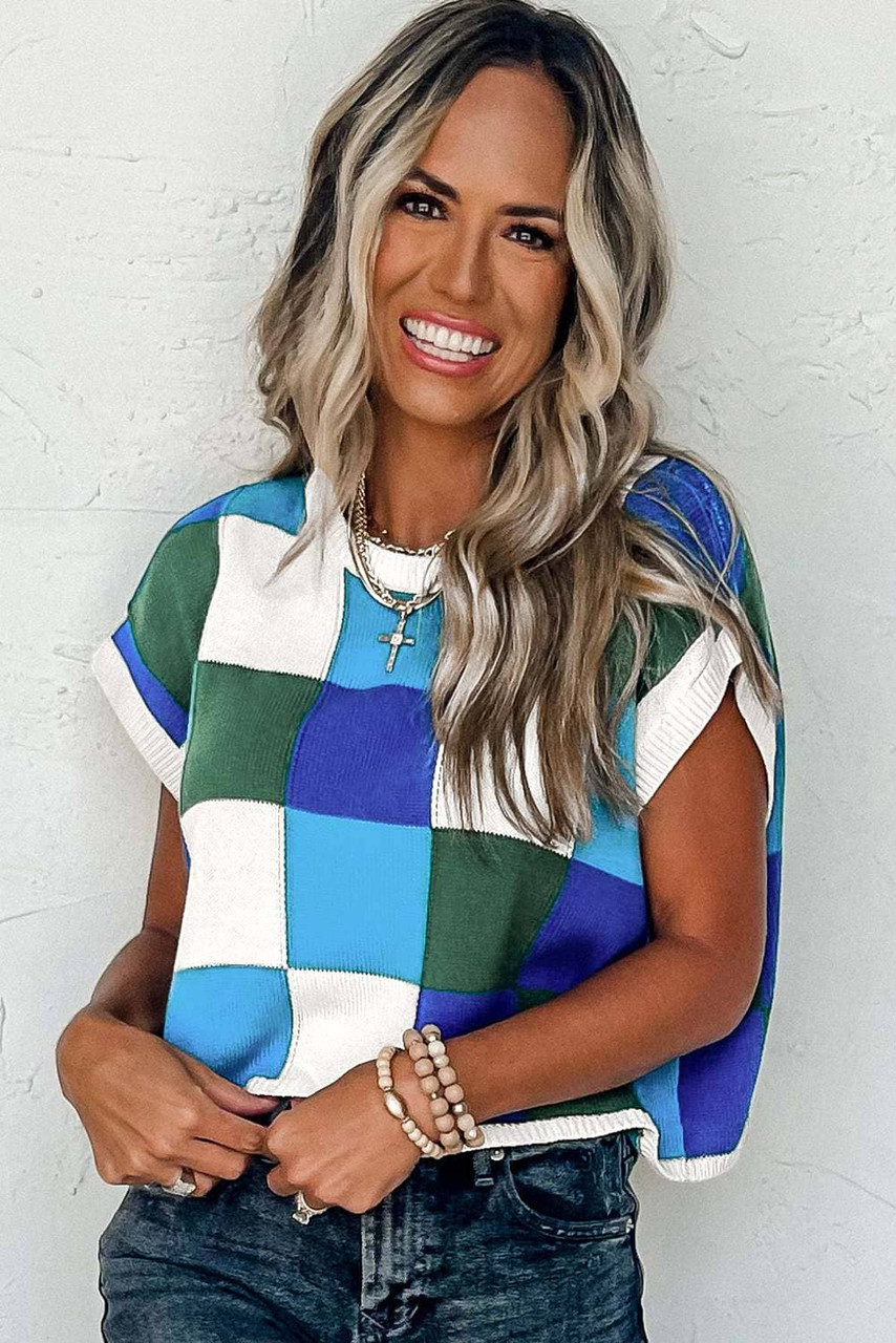 Dark Blue Color Block Cap Sleeve Sweater Tops Dark Blue Color Block Cap Sleeve Sweater Tops