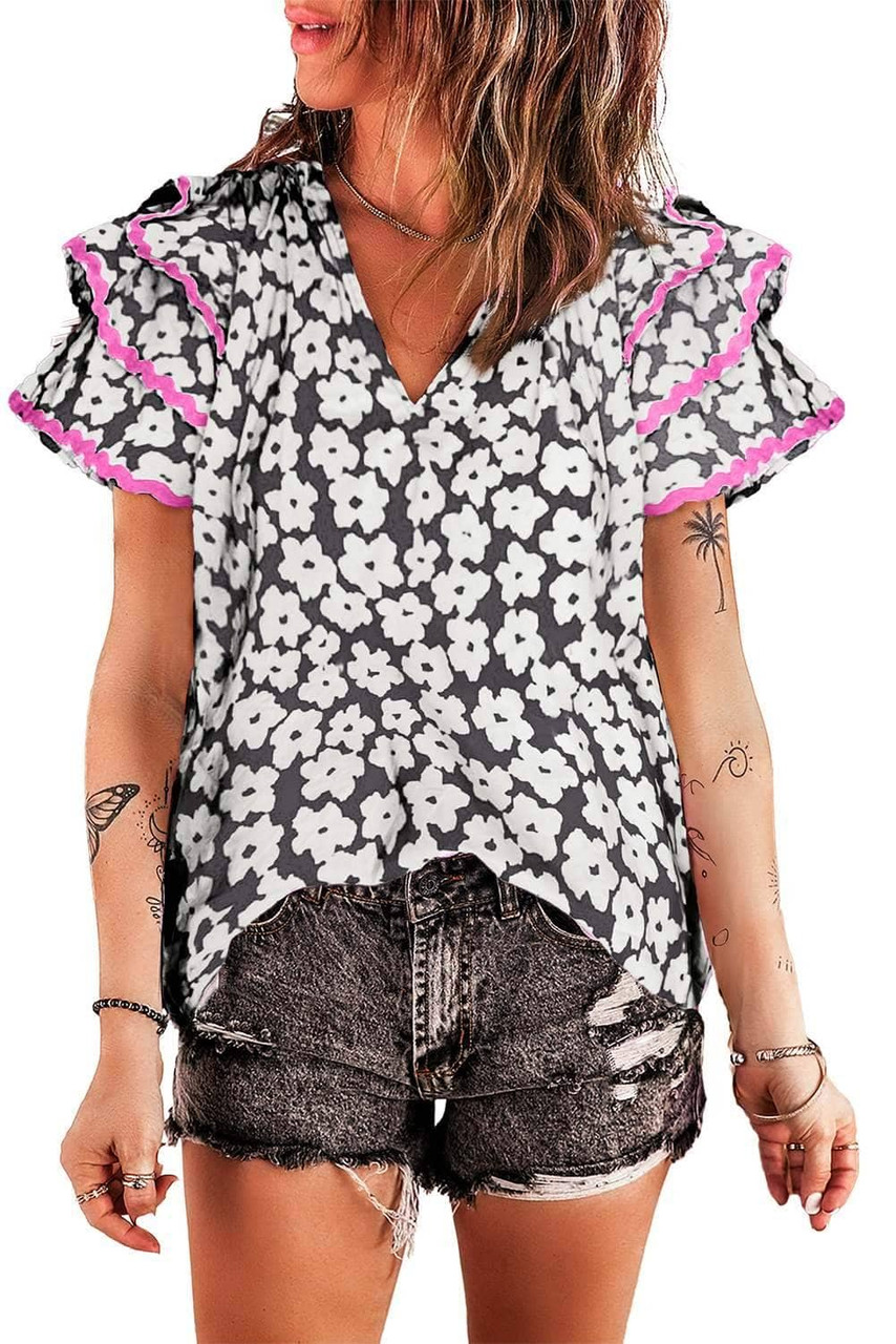 Black Floral Contrast Ric Rac Layered Ruffle Sleeve Blouse