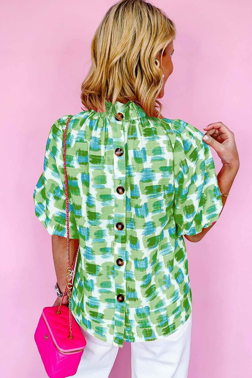 Green Abstract Print Button Back Ruffled High Neck Blouse Green Abstract Print Button Back Ruffled High Neck Blouse