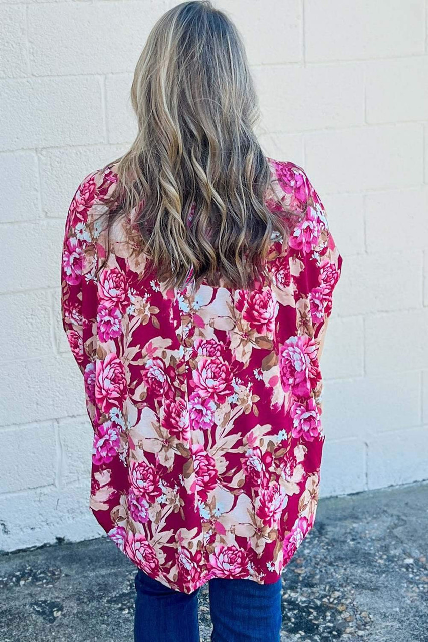 Red Floral Print Short Sleeve Plus Size Blouse