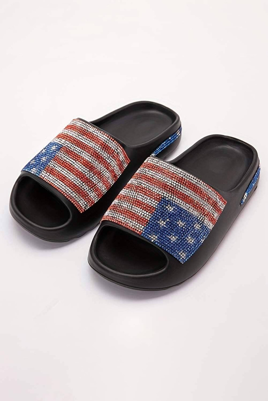 Black Rhinestone American Flag Thick Sole Slippers