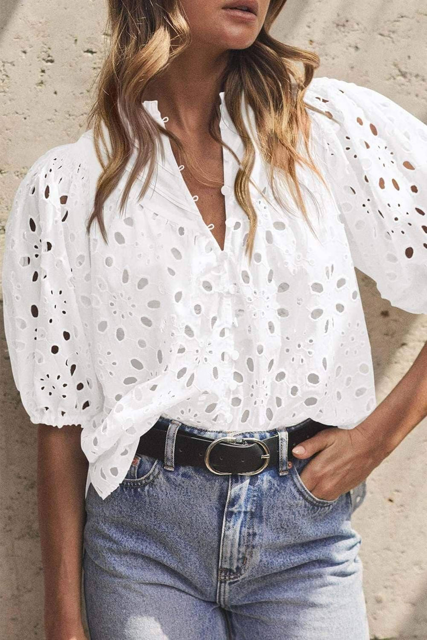 White Flower Embroidered Hollow-out Puff Sleeve Blouse White Flower Embroidered Hollow-out Puff Sleeve Blouse