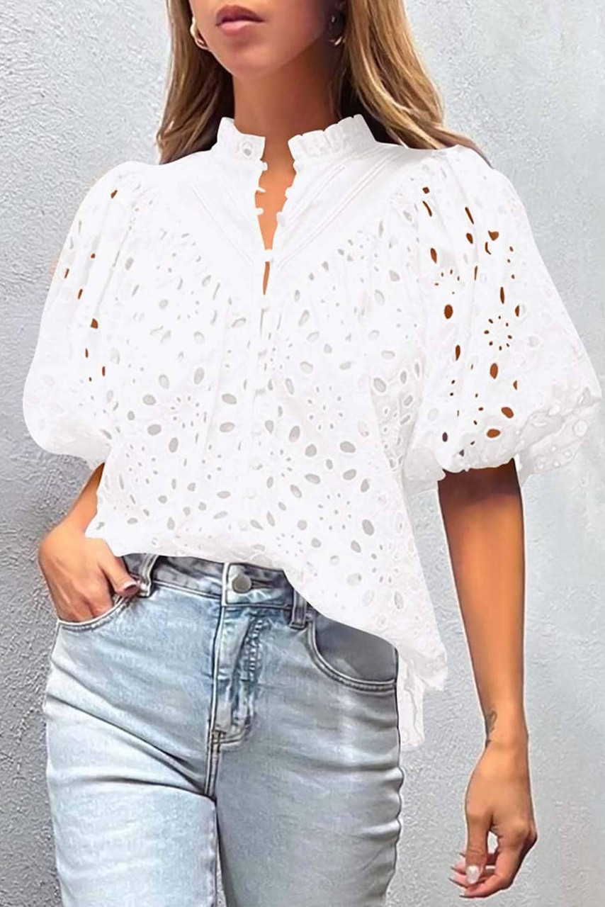 White Flower Embroidered Hollow-out Puff Sleeve Blouse White Flower Embroidered Hollow-out Puff Sleeve Blouse