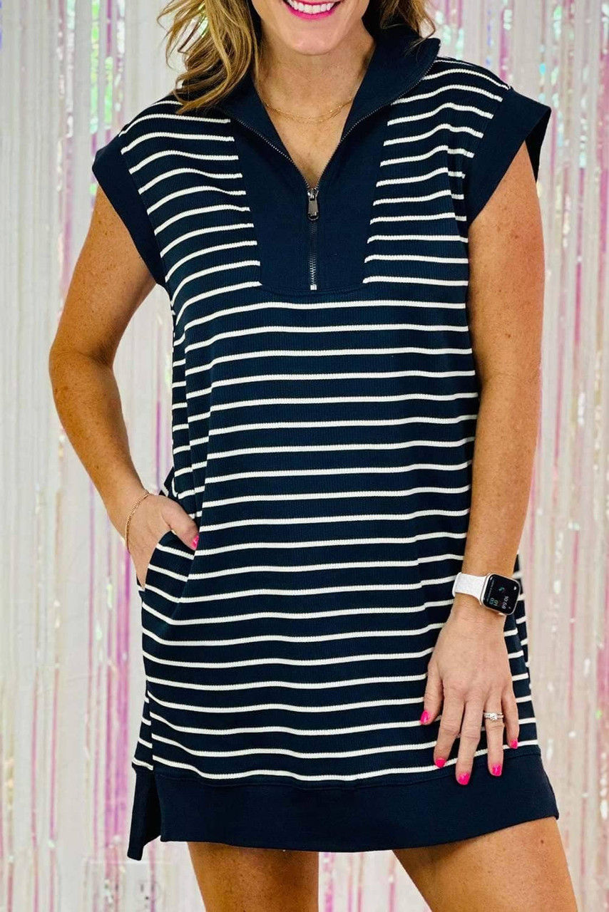 Navy Blue Quarter Zip Collared Cap Sleeve Mini Dress
