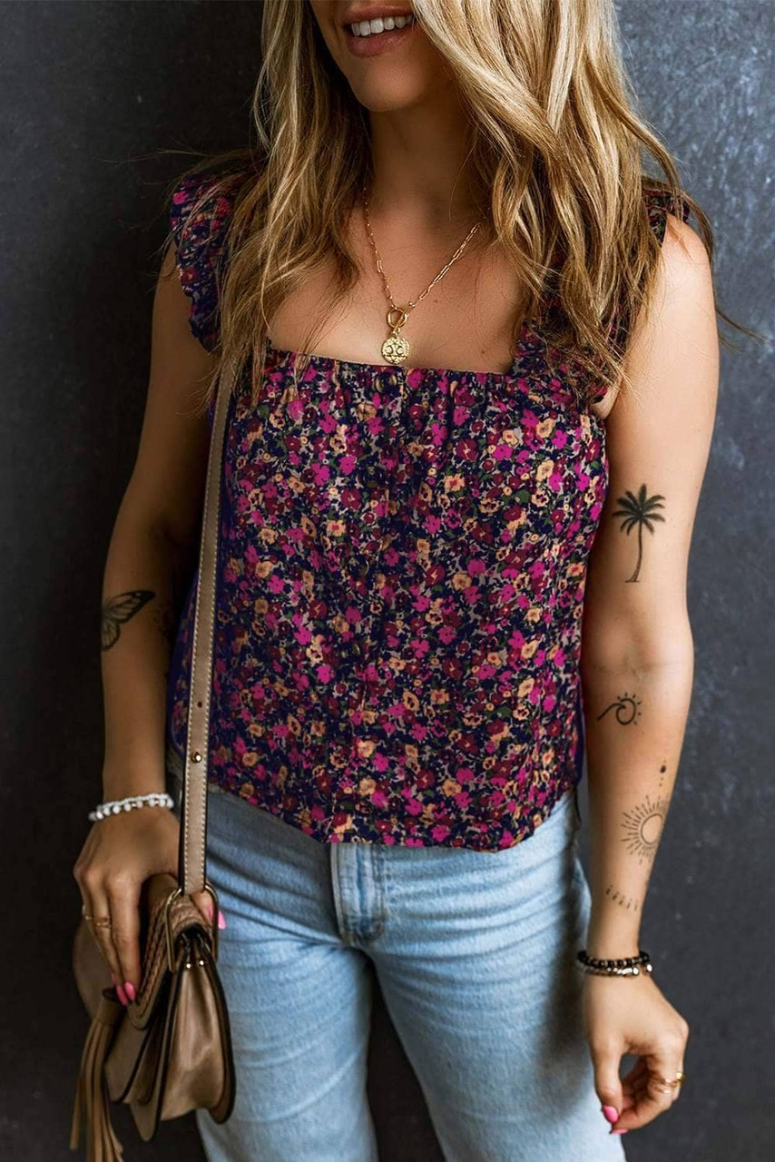 Rose Boho Frilled Straps Floral Tank Top Rose Boho Frilled Straps Floral Tank Top