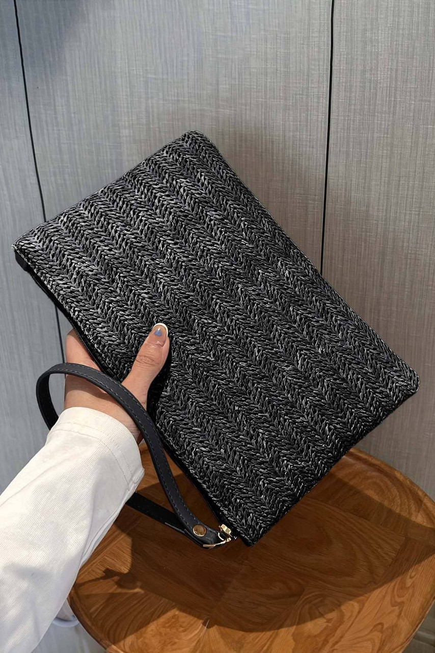 Black Straw Woven Wrist Strap Zipper Large Wallet