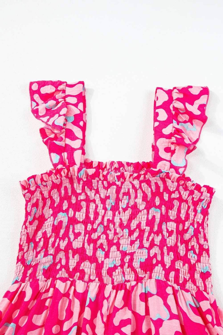 Pink Leopard Ruffle Straps Smocked High Waist Long Dress