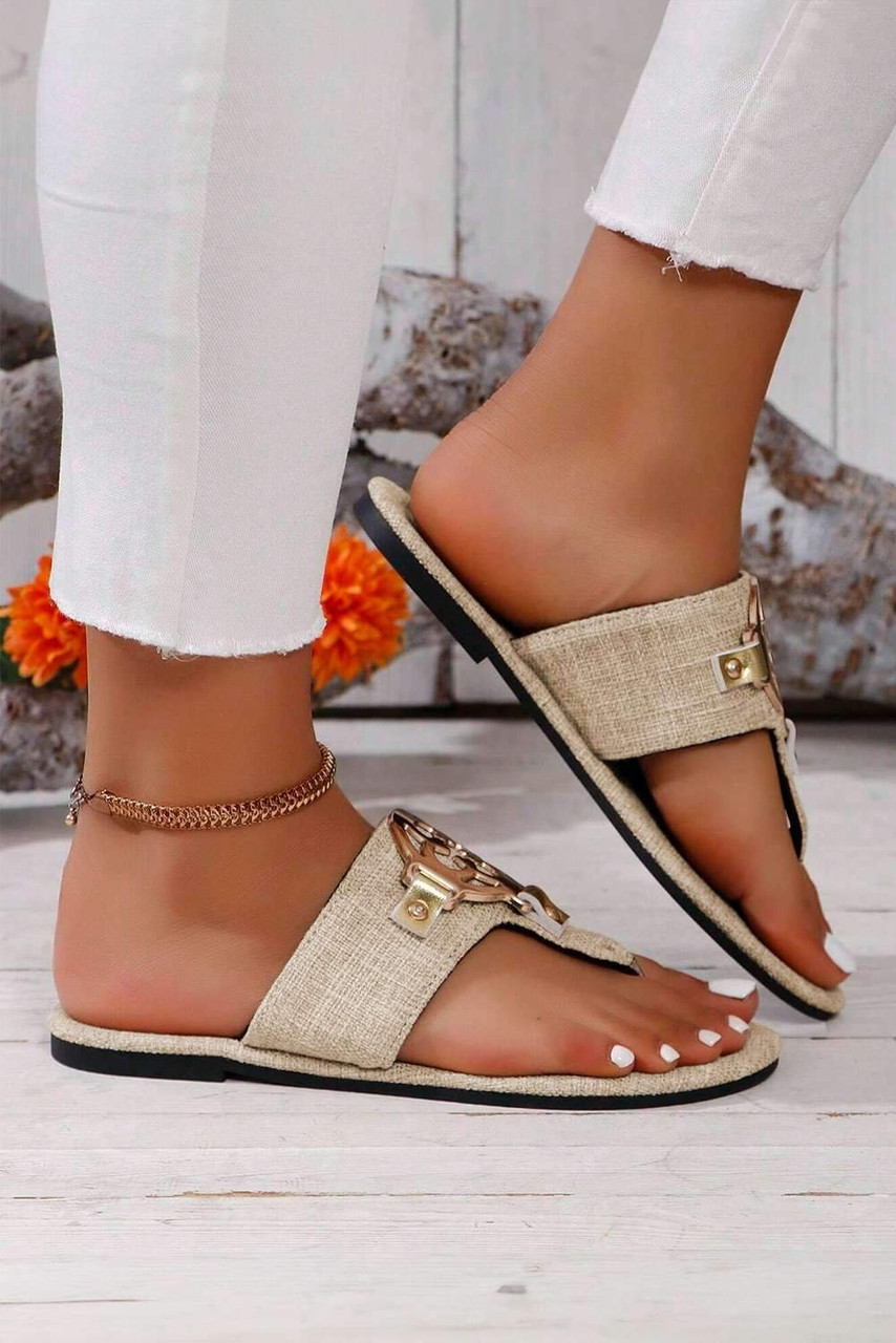 Beige Metal Décor Leather Thong Slippers Beige Metal Décor Leather Thong Slippers