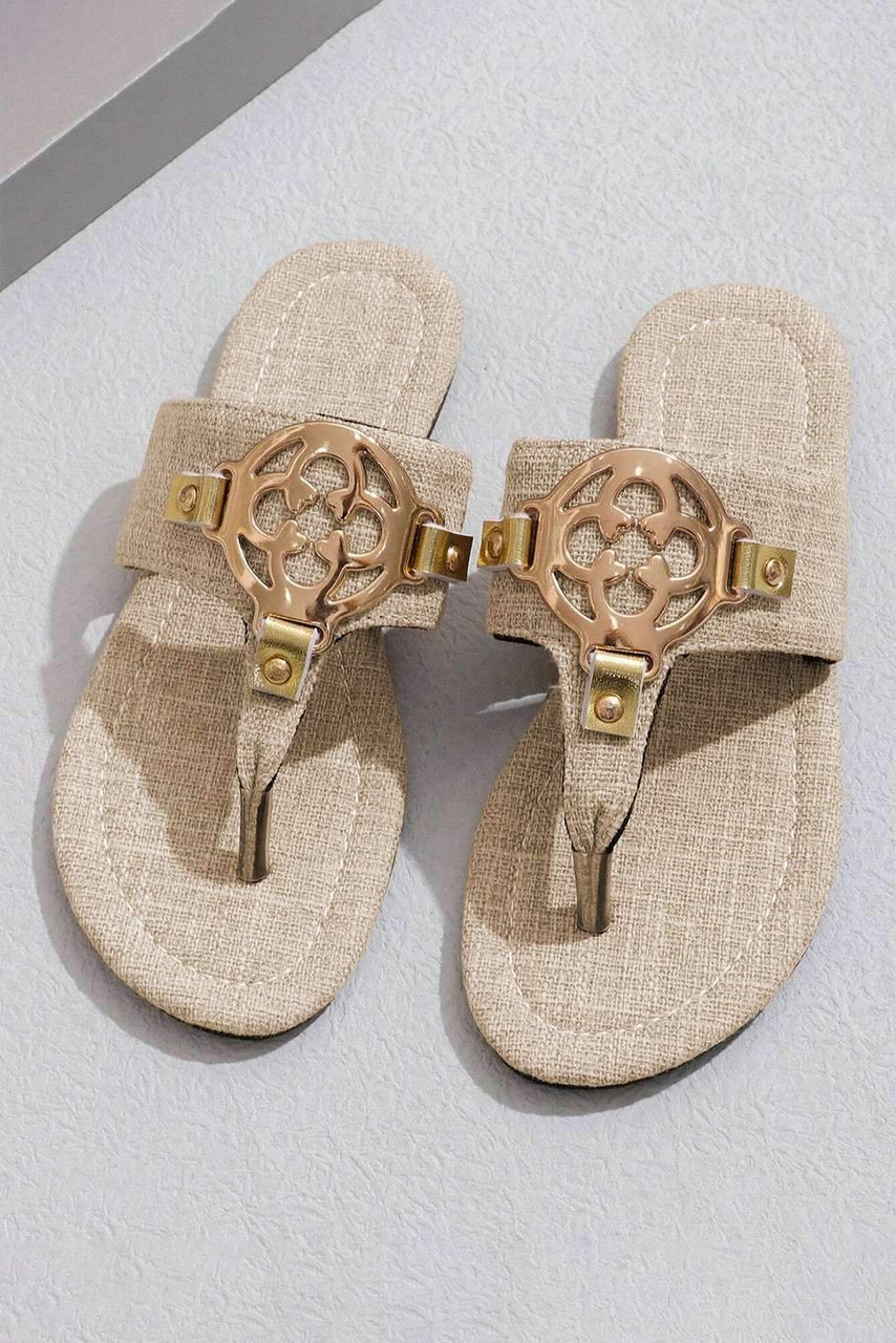 Beige Metal Décor Leather Thong Slippers Beige Metal Décor Leather Thong Slippers