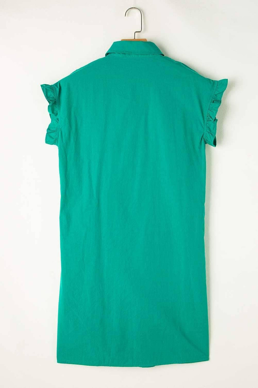 Bright Green Shirred Ruffle Sleeve Button Up Short Dress