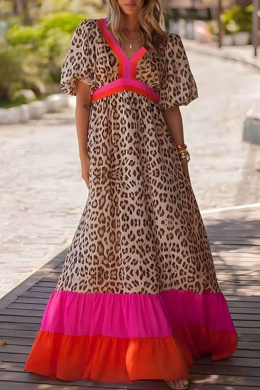 Bright Pink Leopard Colorblock Patchwork Bubble Sleeve Maxi Dress Bright Pink Leopard Colorblock Patchwork Bubble Sleeve Maxi Dress